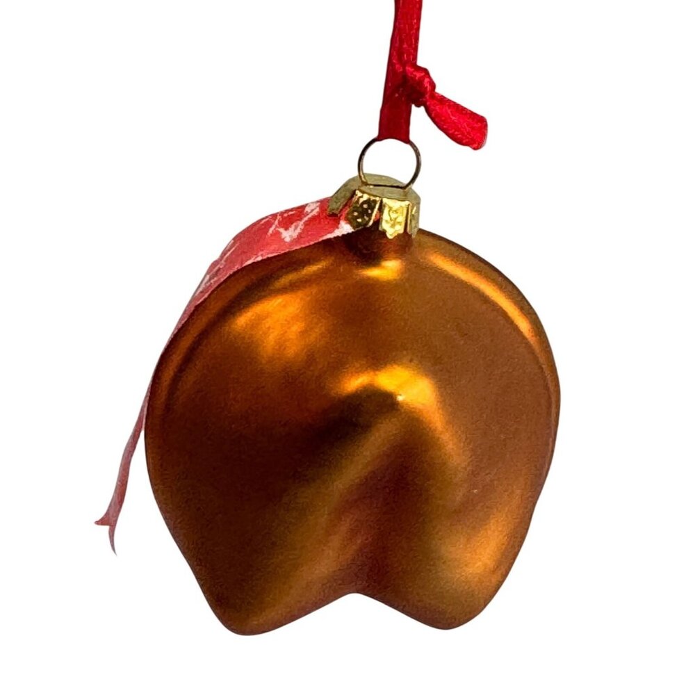 Chinese Fortune Cookie Blown Glass Ornament Gold Red Ribbon 2" - Picture 6 of 6